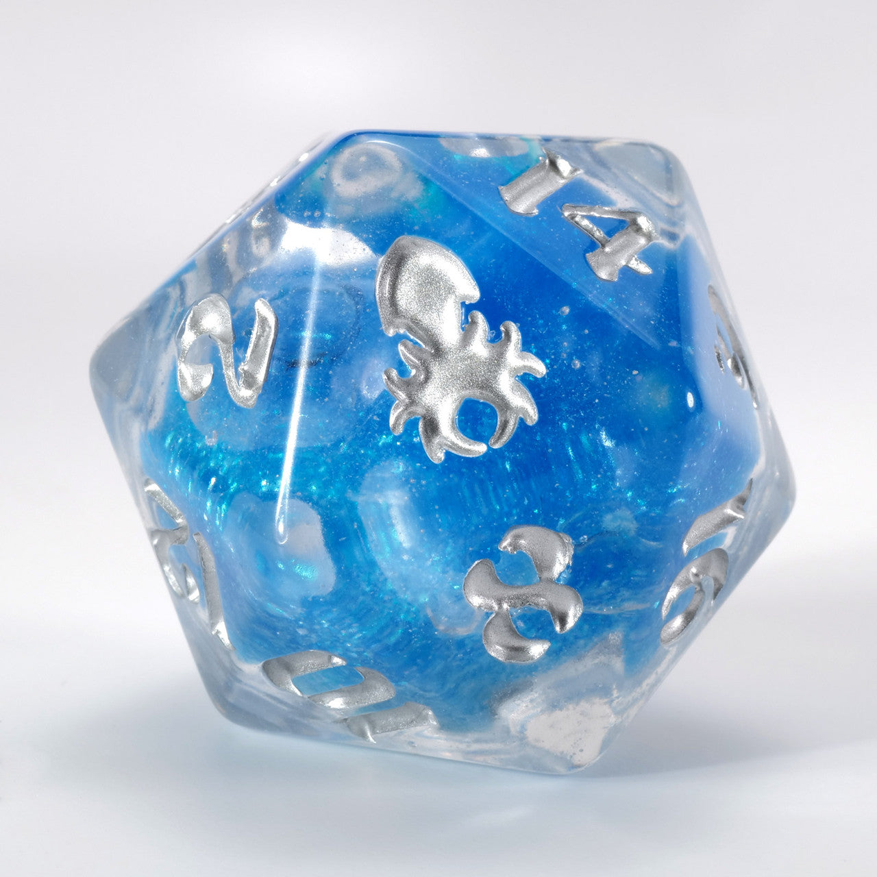 34mm Clear Liquid Core Blue Glitter Single D20 with Silver Ink